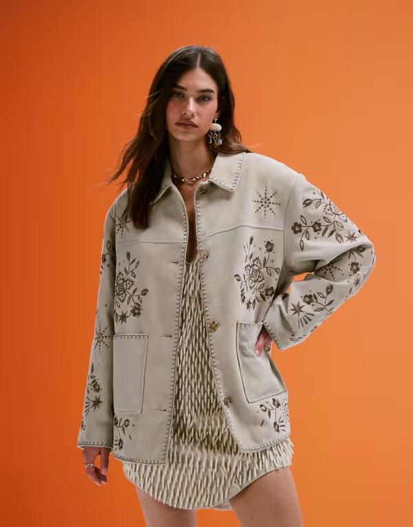 エイソス レディース アウター ジャケット・ブルゾン スエード 刺繍 ジャケット ASOS DESIGN real suede embroidered jacket in stone Stone ストーン