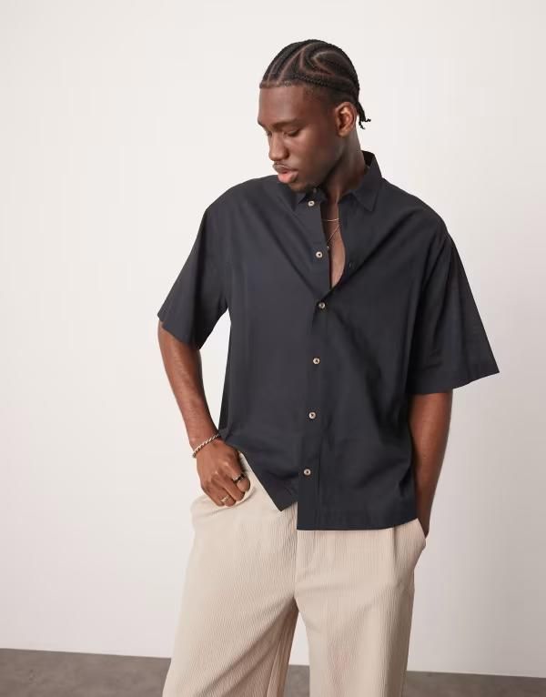 エイソス メンズ トップス シャツ リネン ASOS DESIGN boxy oversized shirt in linen look Black ブラック