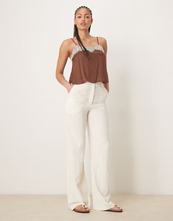 エイソス レディース ボトムス カジュアルパンツ ストレート パンツ トール リネン ASOS DESIGN Tall relaxed straight leg pants with linen off white オフホワイト