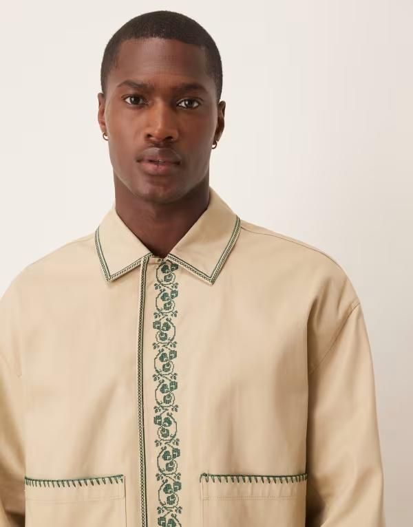 エイソス メンズ アウター ジャケット・ブルゾン 刺繍 ジャケット ASOS DESIGN embroidered harrington jacket in stone BEIGE ベージュ
