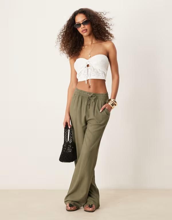 ジェイディーワイ レディース ボトムス カジュアルパンツ ワイドレッグ リネン JDY wide leg linen blend pantset Khaki カーキ