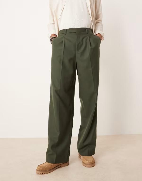 エイソス メンズ ボトムス カジュアルパンツ ワイドレッグ パンツ ASOS DESIGN wide leg dress pants with front pleats brushed fabric DARK GREEN グリーン