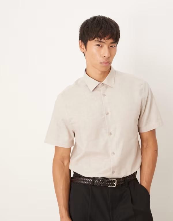 エイソス メンズ トップス シャツ リネン ASOS DESIGN formal linen regular shirt in stone STONE ストーン