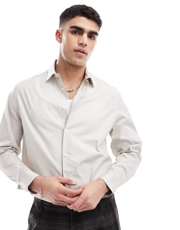 エイソス メンズ トップス シャツ ASOS DESIGN formal poplin regular shirt with french placket in stone Light stone ストーン