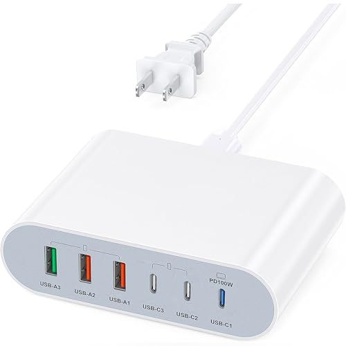 合計最大185W USB コンセント 単ポ-ト100Wまでの高出カ MacBook USB-C 急速充電器 6ポート Type-C×3 / USB-A×3 MAC ACアダプター 充電 コンセント タイプC iPhone 急速充電器 USB 充電器 MacBo