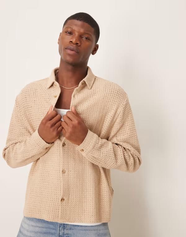 エイソス メンズ トップス シャツ ニット ASOS DESIGN boxy oversized shirt with knit texture in stone STONE ストーン