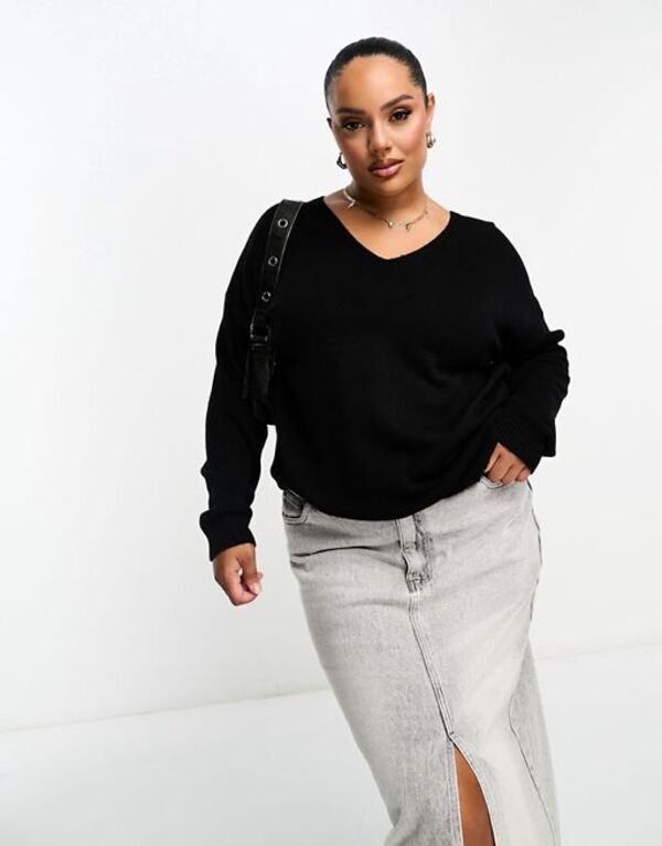 オンリーカーブ レディース アウター ニット・セーター Vネック セーター Only Curve v neck sweater Black ブラック