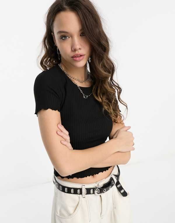 オンリー レディース トップス Tシャツ クロップド Only cropped lettuce edge tshirt Black ブラック