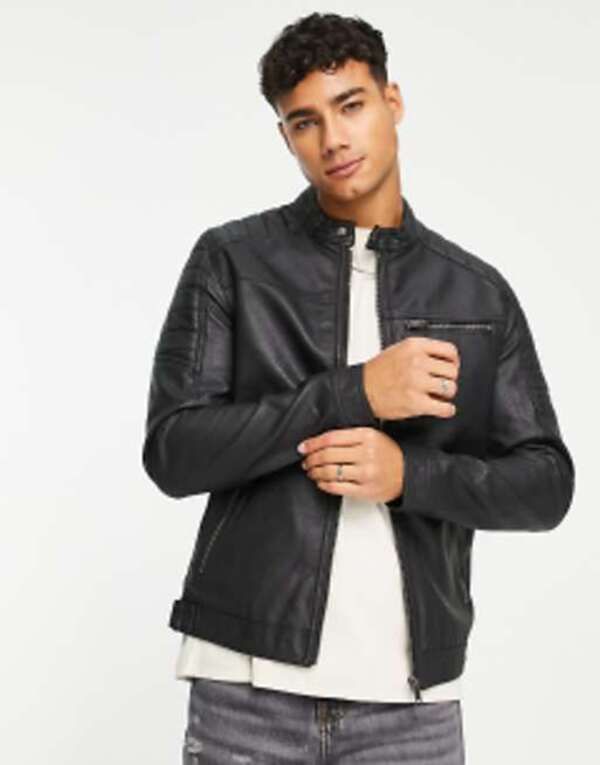 ジャック アンド ジョーンズ メンズ アウター ジャケット・ブルゾン レザー フェイクレザー ジャケット Jack Jones Essentials faux leather racer jacket Black ブラック