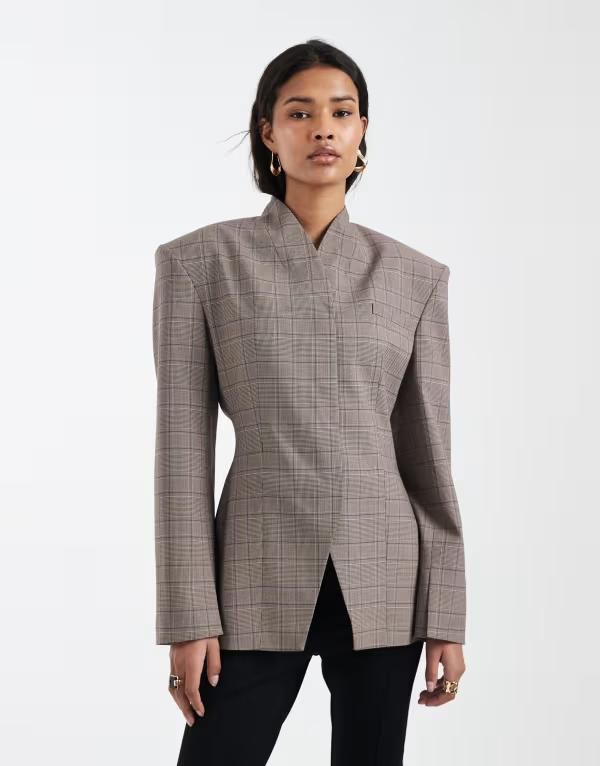 エイソス レディース アウター ジャケット・ブルゾン ハイネック ブレザー ASOS DESIGN high neck wrap blazer check Gray check グレー