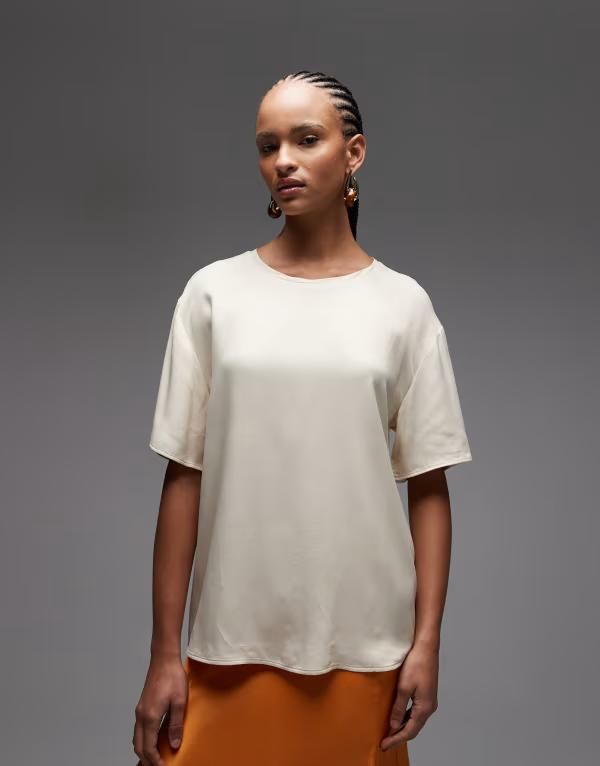 エイソス レディース トップス Tシャツ サテン ジャージー ASOS DESIGN satin boxy tee with jersey tshirtrim IVORY アイボリー