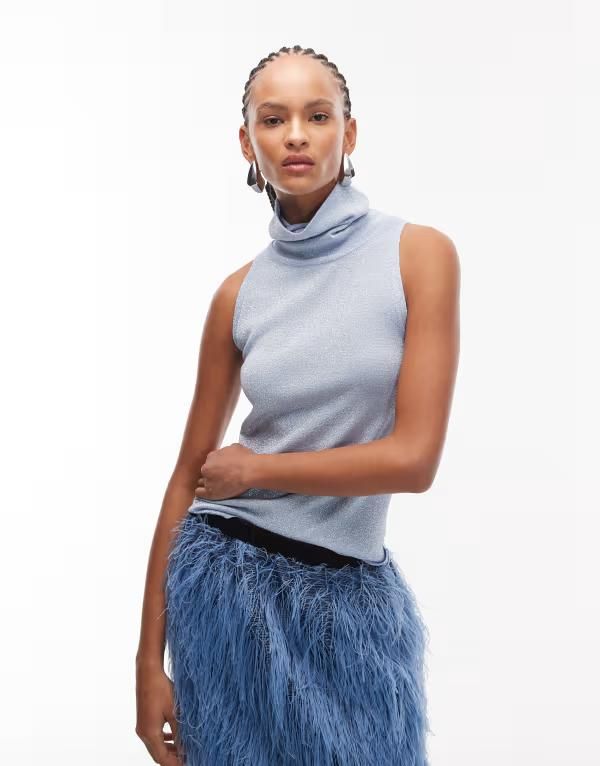 エイソス レディース トップス タンクトップ タートルネック ニット ASOS DESIGN knit glitter tank with turtleneck detail in baby Blue ブルー