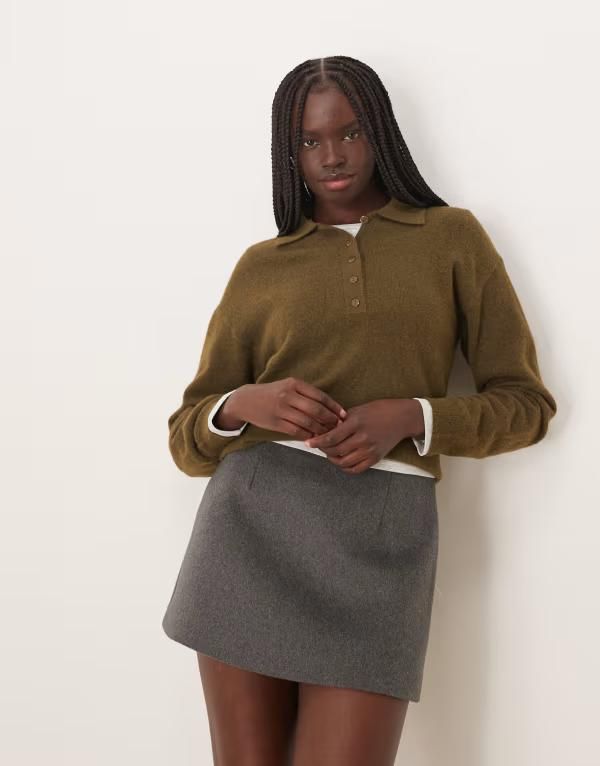 マンゴ レディース トップス ポロシャツ ニット Mango knit polo top in light Khaki カーキ