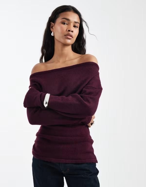 エイソス レディース アウター ニット・セーター ギャザー ASOS DESIGN knit one shoulderuched sweater in plum プラム