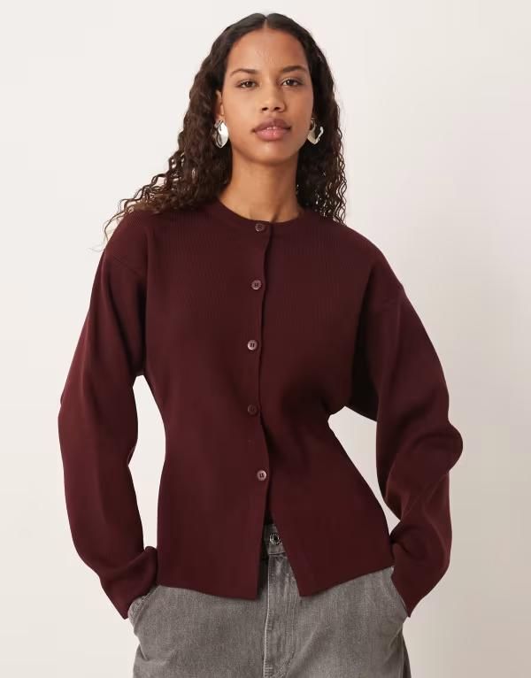 エイソス レディース アウター カーディガン クルーネック ニット ASOS DESIGN knit structured crew neck cardigan in plum プラム