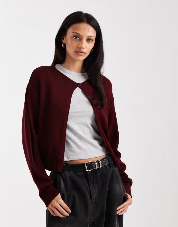 コルージョン レディース アウター カーディガン ニット COLLUSION single button knit cardigan in cherry Red レッド