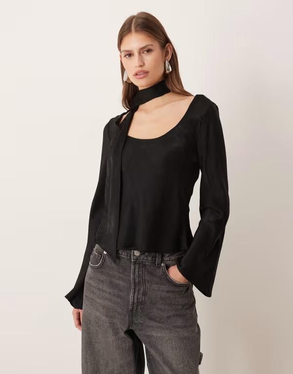 エイソス レディース トップス タンクトップ サテン ASOS DESIGN satin scarf detailong sleeve top Black ブラック