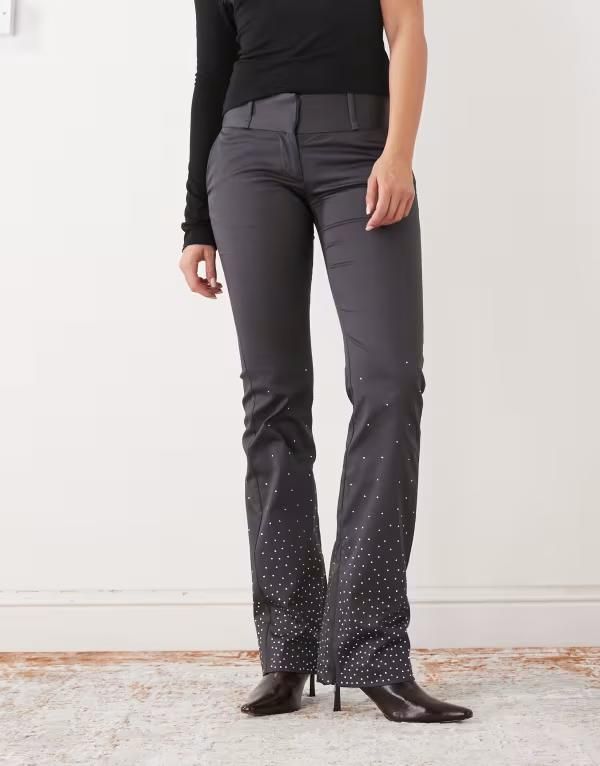 モンキ レディース ボトムス カジュアルパンツ Monki rhinestonembellished tailored stretch flared pants in dark gray グレー
