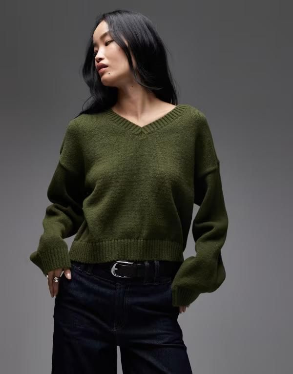 エイソス レディース アウター ニット・セーター Vネック ASOS DESIGN knit wide sleeve vneck sweater Khaki カーキ