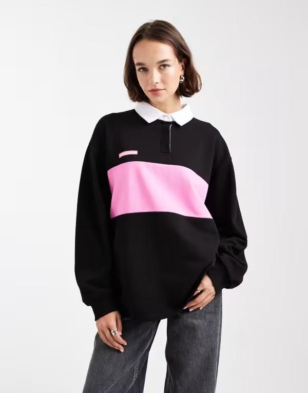 コルージョン レディース トップス Tシャツ ポロシャツ COLLUSION color block oversized rugby polo top Black ブラック
