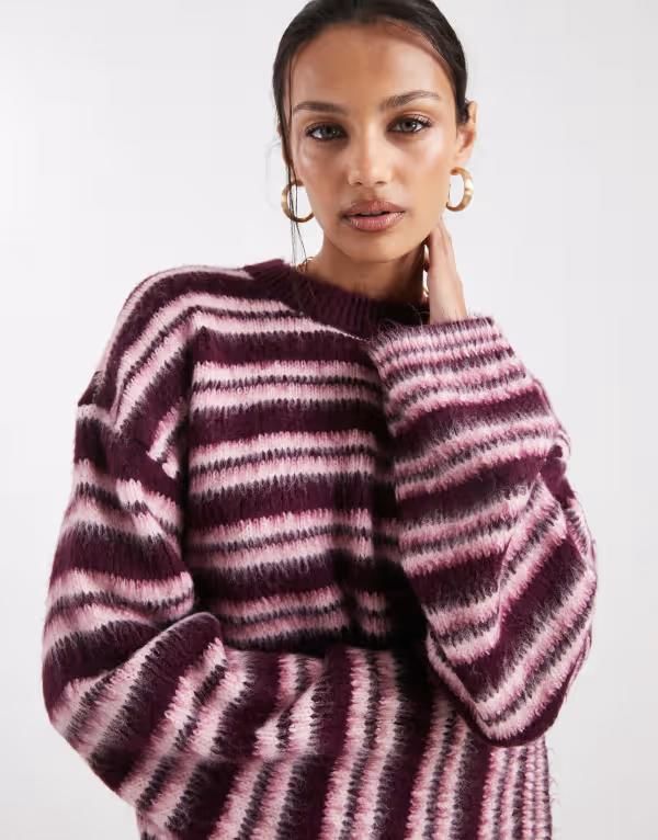 エイソス レディース アウター ニット・セーター ASOS DESIGN knit sweater in plum brushed stripes Plumpink ピンク