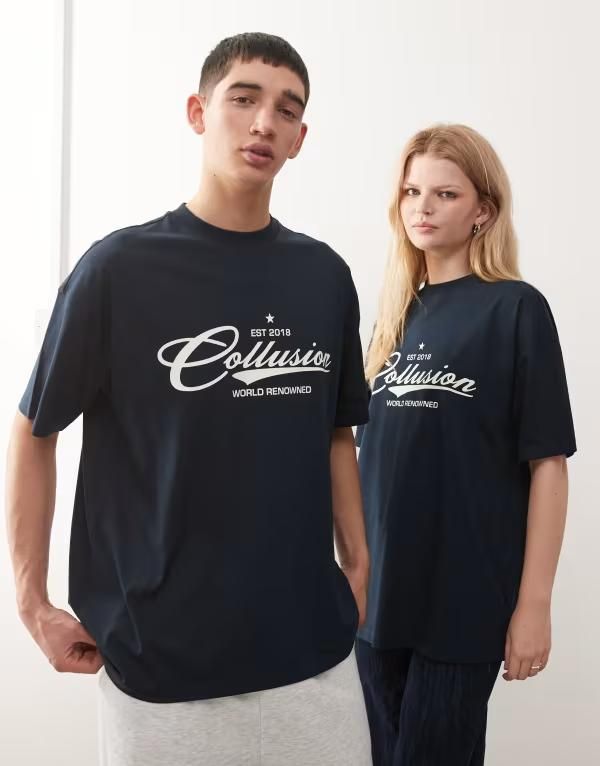 コルージョン レディース トップス Tシャツ プリント COLLUSION Unisex Tshirt with white print NAVY ネイビー 7,285円