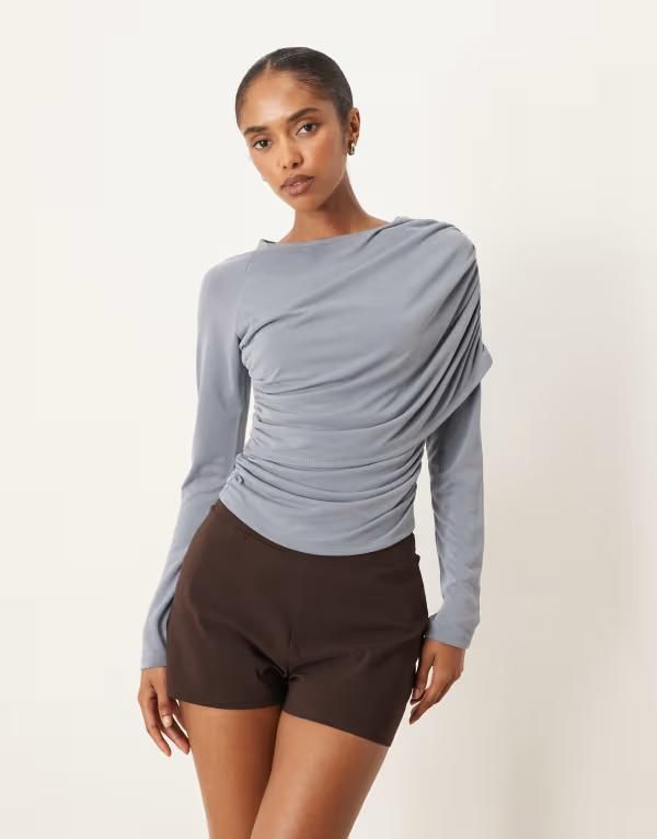 エイソス レディース トップス Tシャツ ASOS DESIGN modal wrap detailong sleeve tee in slate Raven スレート