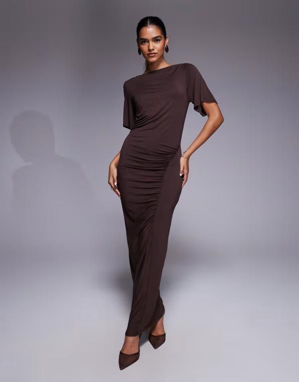 エイソス レディース トップス ワンピース ミディワンピース ミディ ASOS DESIGN fluted short sleeves midi dress in chocolate Chocolate チョコレート