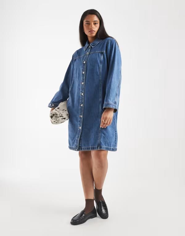 ヴェロモーダ レディース トップス ワンピース ミニ デニム Vero Moda Curve button front denimini dress in medium blue wash Medium blue denim デニム