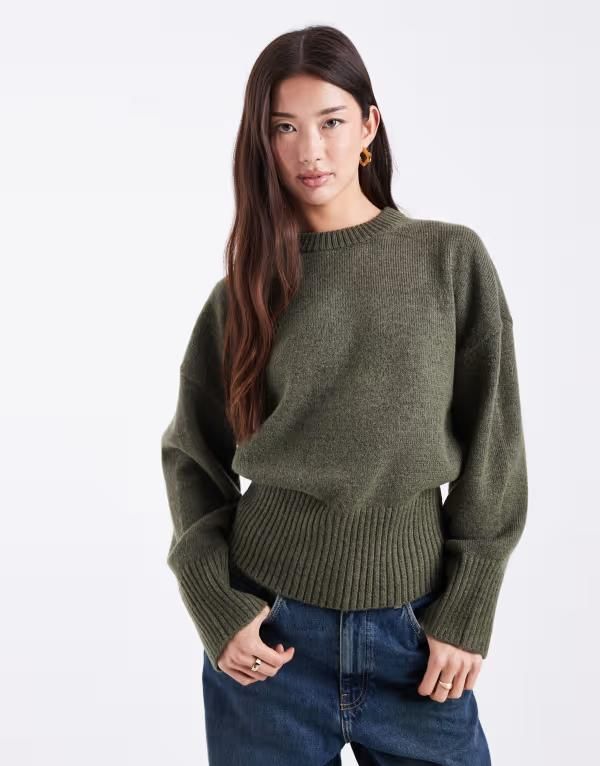 エイソス レディース アウター ニット・セーター ASOS DESIGN stuffed neck trim waisted sweater Khaki カーキ