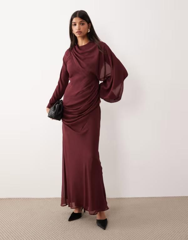 エイソス レディース トップス ワンピース ドレープ マキシ ASOS DESIGN drape front blouson sleeve maxi dress Burgundy バーガンディ