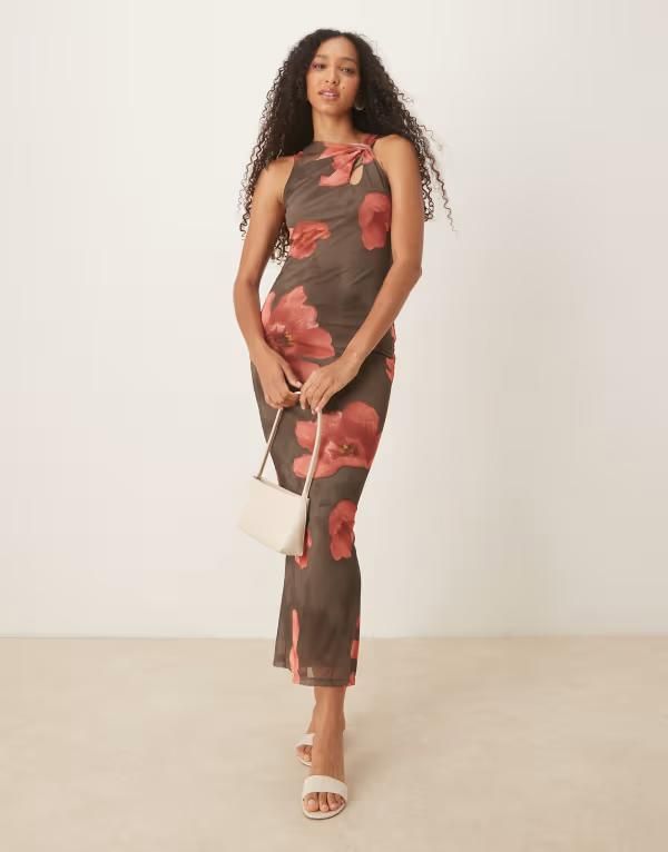 エイソス レディース トップス ワンピース カットアウト マキシワンピース プリント マキシ ASOS DESIGN twist cut out shoulder detail maxi dress in dark flower print Dark flow