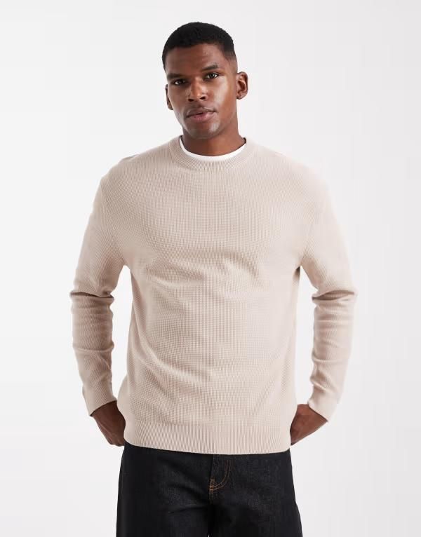 オンリーアンドサンズ メンズ アウター ニット・セーター ニット ONLY SONS slim waffle knit in taupe String トープ