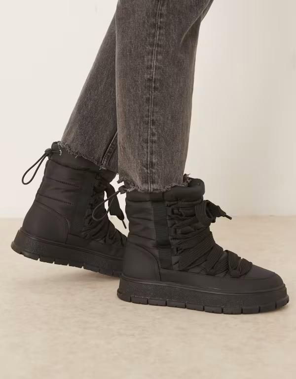 エイソス レディース シューズ ブーツ・レインブーツ ナイロン レース ASOS DESIGN Arrow nylon lace up snow boots Black ブラック