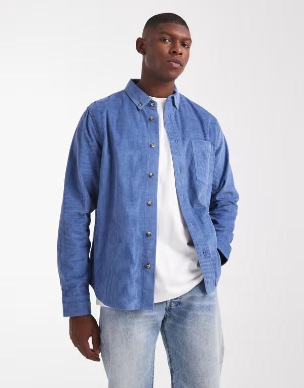 エイソス メンズ トップス シャツ ASOS DESIGN regular cord shirt in dusty BLUE ブルー