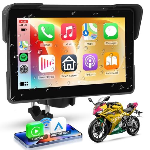 バイク モニター carplayワイヤレスCarPlay＆アンドロイドオート、Carplay GPSナビゲーション、AirPlayアンドロイドキャストBluetooth EQと7インチHD防水タッチスクリーンオートバイのためのポータブルCar f86711b4