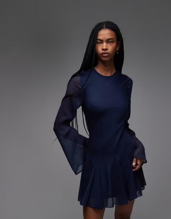 エイソス レディース トップス ワンピース フリル ミニ スカート ASOS DESIGN long sleeve mini dress with ruffle skirt navy ネイビー