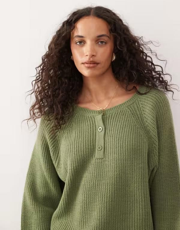 コルージョン レディース アウター ニット・セーター セーター ニット COLLUSION raglan button up knit sweater Khaki カーキ