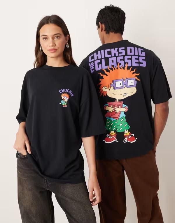 エイソス レディース トップス Tシャツ プリント ASOS DESIGN Unisex oversized tshirt with Rugrats prints Black ブラック