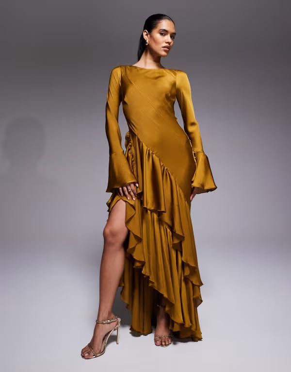 エイソス レディース トップス ワンピース オープンバック フリル マキシ ASOS DESIGN long sleeve ruffle maxi dress with open back in mustard マスタード