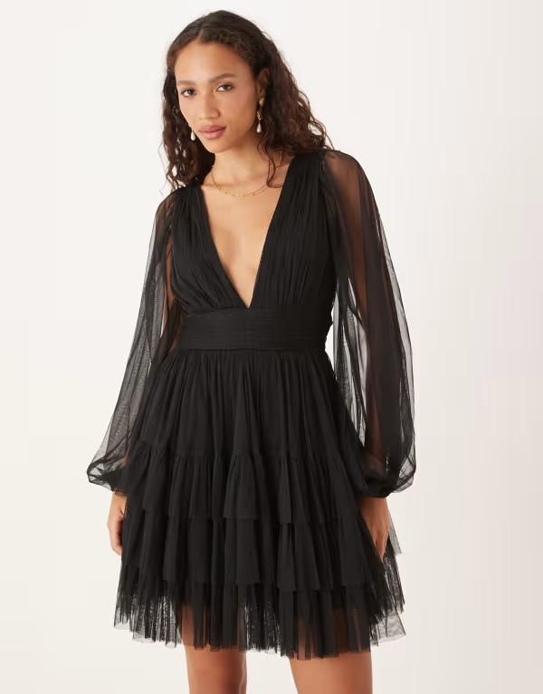 レース アンド ビーズ レディース トップス ワンピース チュール ティアード ミニワンピース ミニ Lace Beads long sleeve plunge tiered tulle mini dress Black ブラック