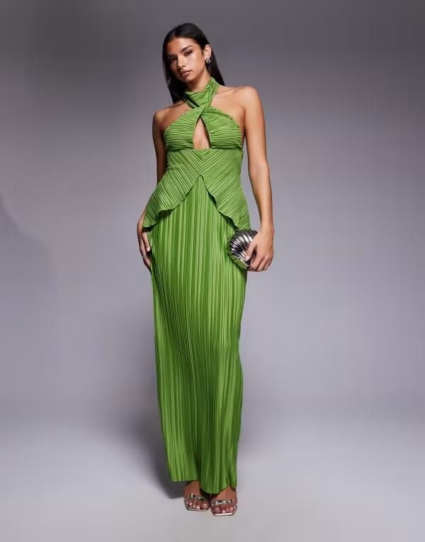 エイソス レディース トップス ワンピース マキシワンピース マキシ ホルター ASOS DESIGN plisse maxi dress with twisted halterneck green グリーン