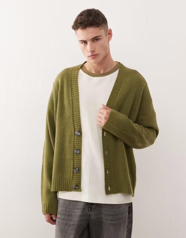 コルージョン メンズ アウター パーカー・スウェット カーディガン ニット COLLUSION knit cardigan in olive LIGHT GREEN グリーン