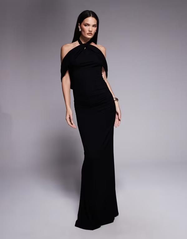 エイソス レディース トップス ワンピース ケープデザイン マキシワンピース ドレープ キャップ ケープ マキシ ホルター ASOS DESIGN draped cape halter maxi dress Black ブラック