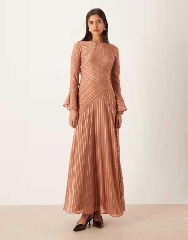 エイソス レディース トップス ワンピース マキシ ASOS DESIGN flared sleeve maxi dress withem in rustripe Rustripe ラスト