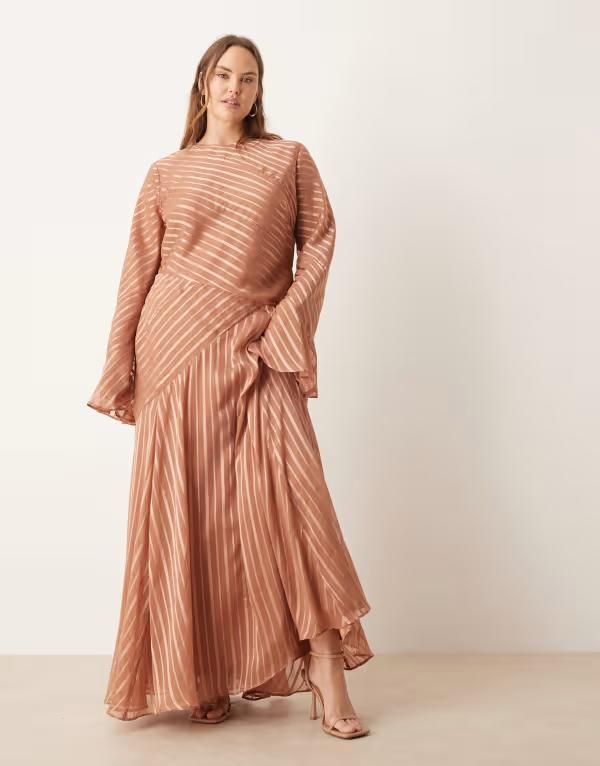 エイソス レディース トップス ワンピース マキシ ASOS Curve ASOS DESIGN Curve flare sleeve maxi dress withem in rustripestripe ストライプ