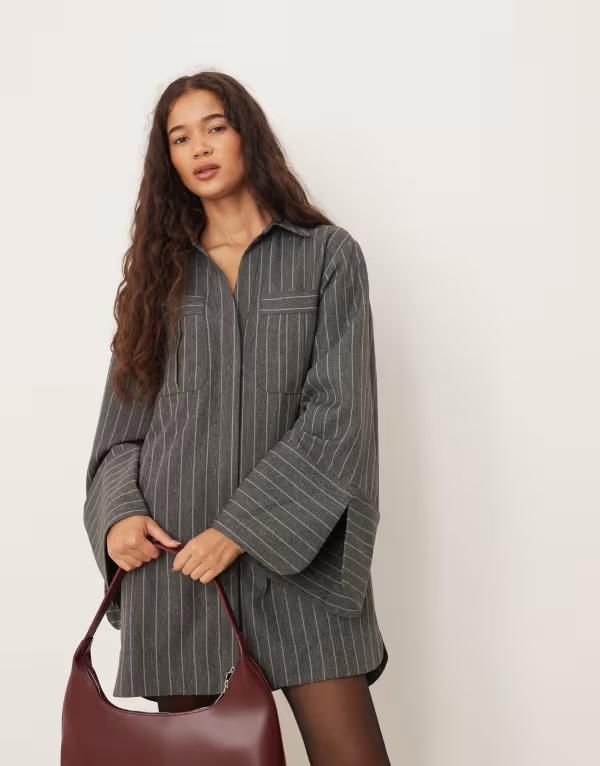 エイソス レディース トップス ワンピース ミニ シャツ ASOS DESIGN mini shirt dress with wide cuffs and oversized pockets pinstripe Gray stripe グレー