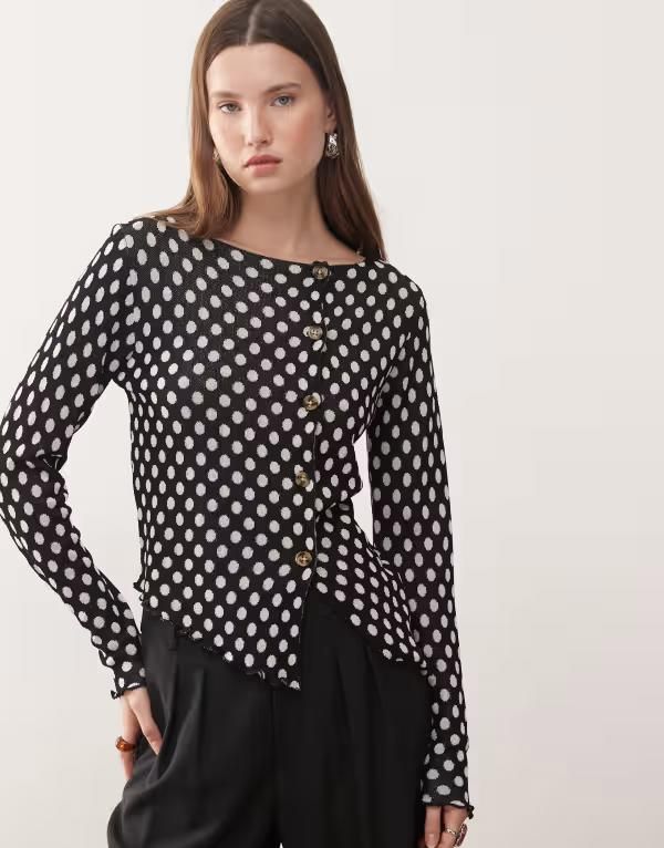 コルージョン レディース アウター ニット・セーター ドット柄 アシンメトリー ドット カーディガン COLLUSION knit polka dot slash neck asymmetricardigan Black polka dot ブラック