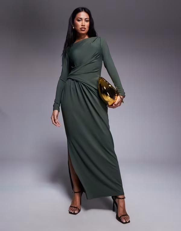 エイソス レディース トップス ワンピース マキシワンピース ドレープ マキシ ASOS DESIGN soft touch long sleeve drape maxi dress Khaki カーキ