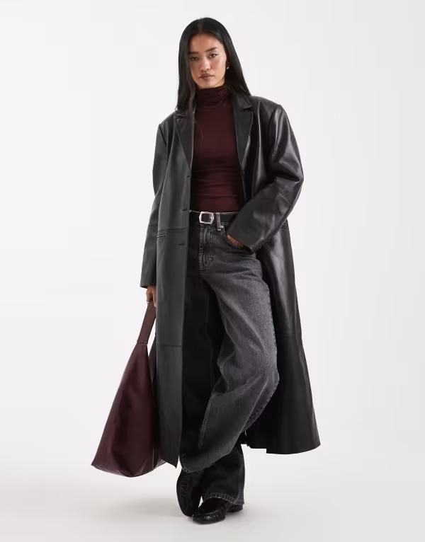エイソス レディース アウター コート レザー ASOS DESIGN longline realeather dad coat Black ブラック